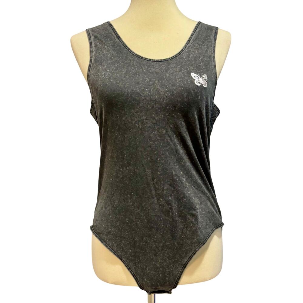 Urban Nation Grey Acid Wash Ribbed Sleeveless Tank Bodysuit Size L Grunge